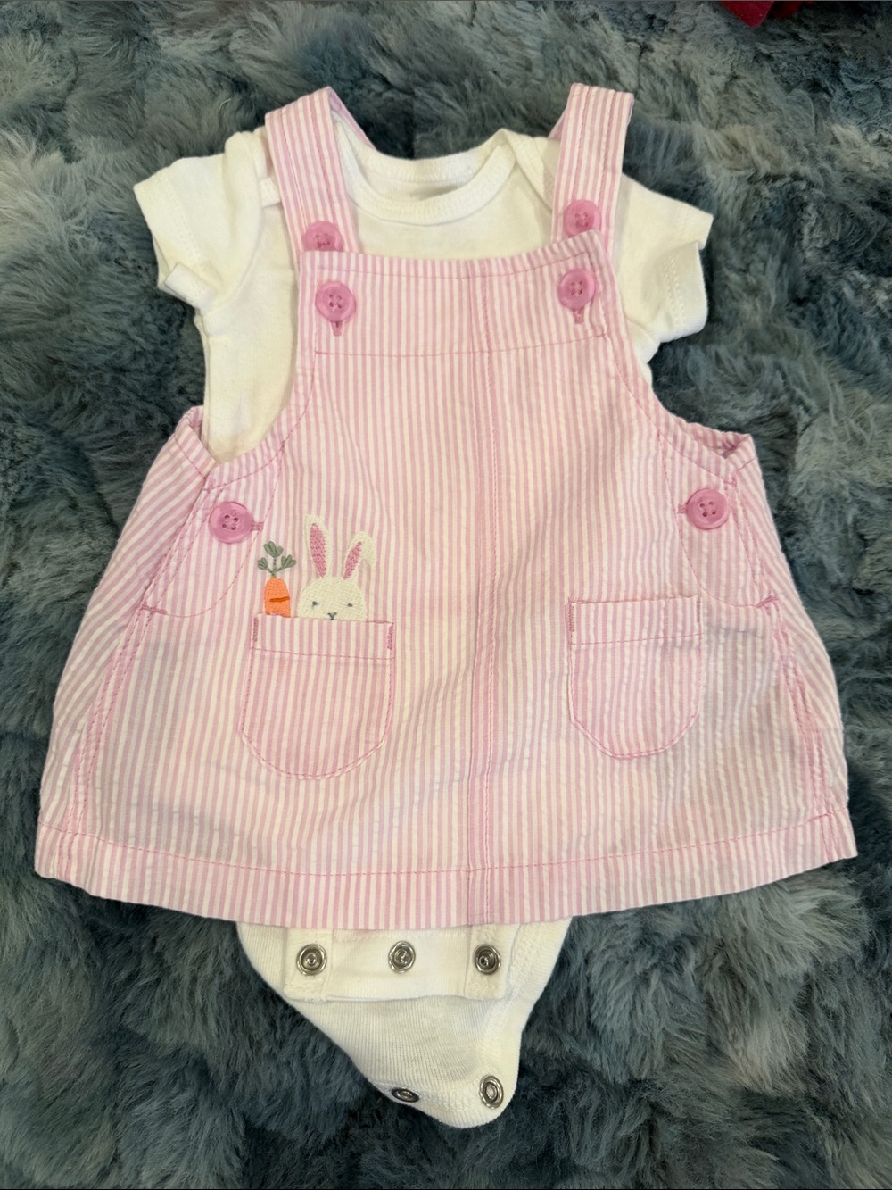 Carter's Pink Striped Bunny Pocket Pinafore Dress with White Bodysuit